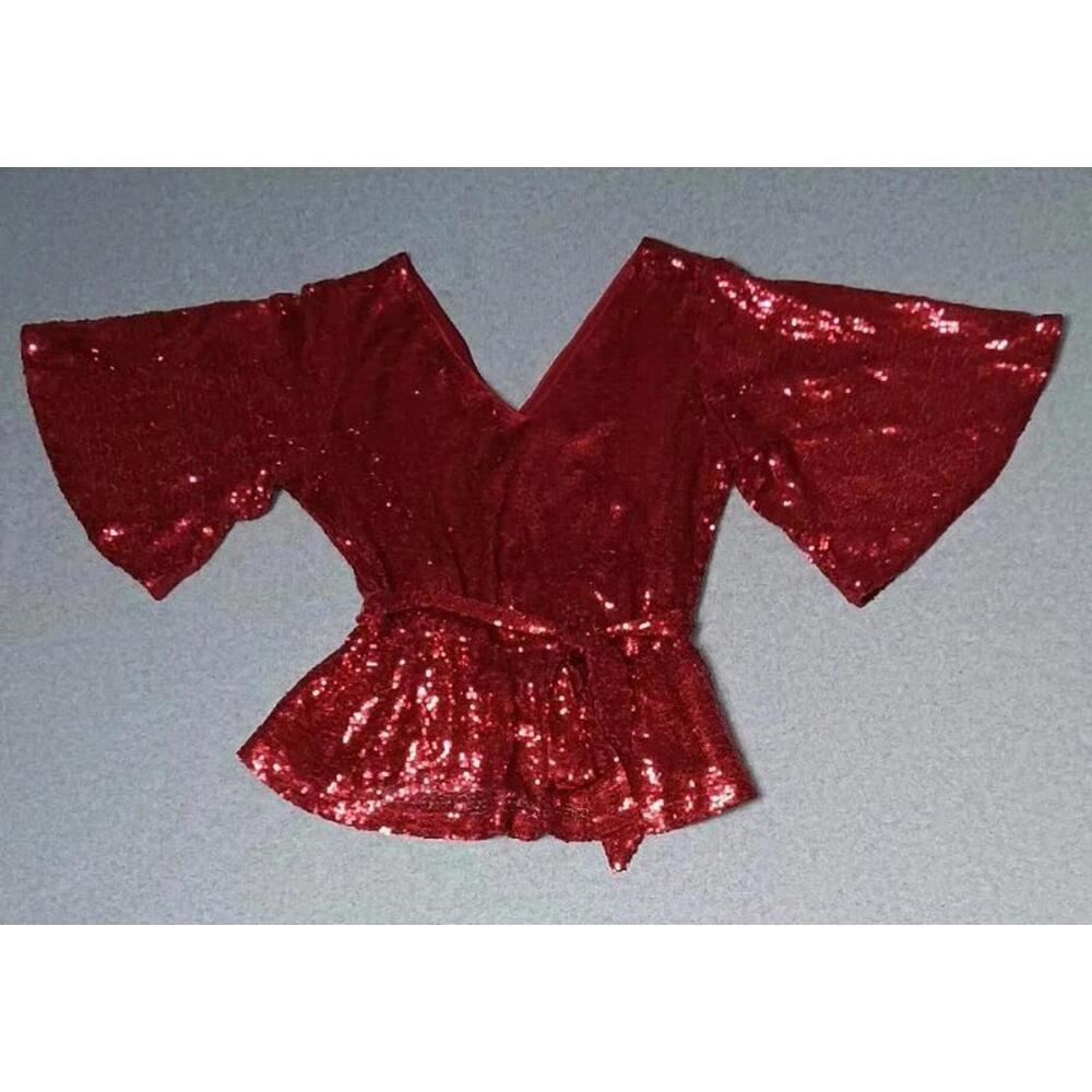 Bold Elements Sequin Blouse Top Womens Size Medium Red Vneck Tie Waist Flare...